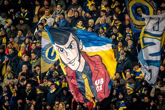 Supporters of Union Saint Gilloise during the match Union SG Ajax at the King Baudouin Stadium for the UEFA Europa League Knockout phase play offs 1st leg season 2024 2025 in BRUSSELS, Belgium on 13 february 2025, photo by Marcel van Dorst EYE4images DeFodi Images Defodi 746 215734 Defodi-746