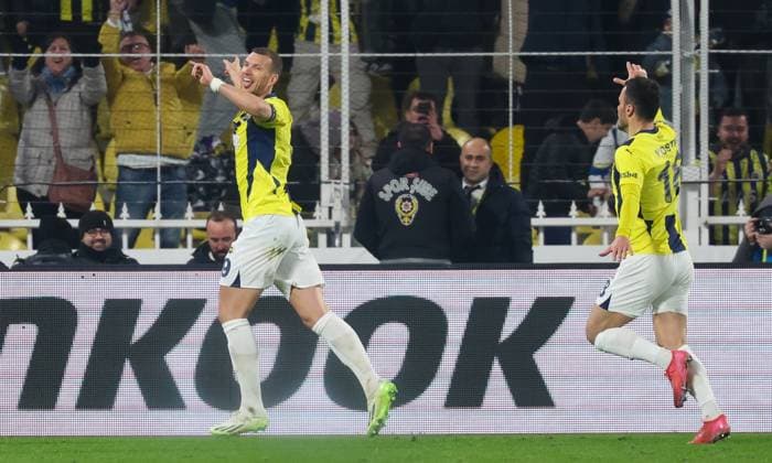 Fenerbahce s Edin Dzeko celebrates after scoring during a soccer game between Turkish Fenerbahce SK and Belgian RSC Anderlecht, on Thursday 13 February 2025 in Istanbul, Turkey, the first leg of the Knockout phase play-offs of the UEFA Europa League competition. VIRGINIExLEFOUR  x112380293x
