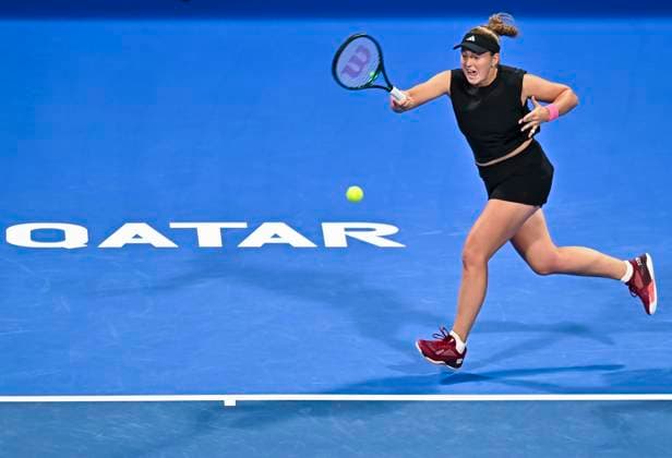 QATAR TOTALENERGIES OPEN - QUARTER-FINALS Jelena Ostapenko of Latvia competes in her quarterfinals match against Ons Jabeur of Tunisia during the WTA, Tennis Damen Qatar TotalEnergies Open 2025 tennis tournament at the Khalifa International Tennis Complex in Doha, Qatar, on February 13, 2025. DOHA Qatar Copyright: xNOUSHADx