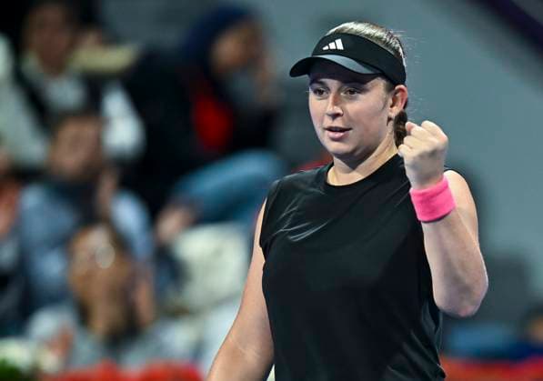 QATAR TOTALENERGIES OPEN - QUARTER-FINALS Jelena Ostapenko of Latvia celebrate after winning her quarterfinals match against Ons Jabeur of Tunisia during the WTA, Tennis Damen Qatar TotalEnergies Open 2025 tennis tournament at the Khalifa International Tennis Complex in Doha, Qatar, on February 13, 2025. DOHA Qatar Copyright: xNOUSHADx