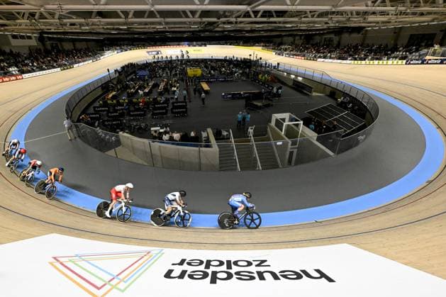 Radsport, Bahnrad-EM Zolder Riders pictured in action during the men s Points Race final at the 2025 UEC Track Elite European Championships, in Heusden-Zolder, Belgium, Thursday 13 February 2025. The European Championships take place from 12 to 16 February. DIRKxWAEM  x112381129x