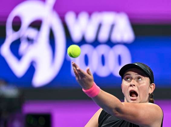 QATAR TOTALENERGIES OPEN - QUARTER-FINALS Jelena Ostapenko of Latvia competes in her quarterfinals match against Ons Jabeur of Tunisia during the WTA, Tennis Damen Qatar TotalEnergies Open 2025 tennis tournament at the Khalifa International Tennis Complex in Doha, Qatar, on February 13, 2025. DOHA Qatar Copyright: xNOUSHADx