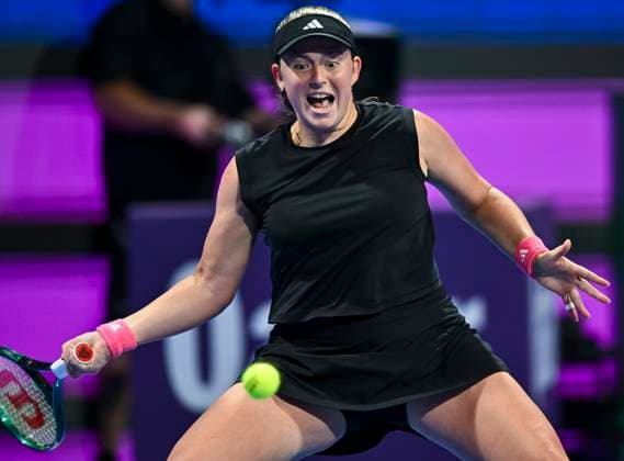 QATAR TOTALENERGIES OPEN - QUARTER-FINALS Jelena Ostapenko of Latvia competes in her quarterfinals match against Ons Jabeur of Tunisia during the WTA, Tennis Damen Qatar TotalEnergies Open 2025 tennis tournament at the Khalifa International Tennis Complex in Doha, Qatar, on February 13, 2025. DOHA Qatar Copyright: xNOUSHADx