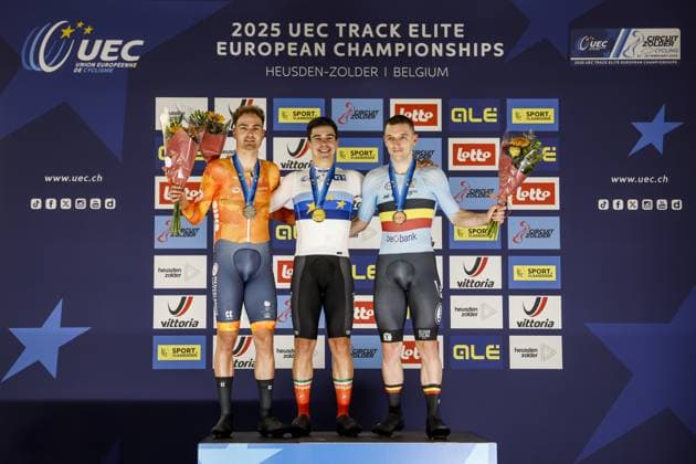 Radsport, Bahnrad-EM Zolder HEUSDEN-ZOLDER - (l-r) Yanne Dorenbos (silver), Iuri Leitao (gold), Jasper de Buyst (bronze) on the podium after the points race during the second day of the European Track cycling, Rad, Radsport, Bahnrad, Bahn championships in Belgium. ANP BAS CZERWINSKI xVIxANPxSportx xxANPxIVx 519900648 originalFilename: 519900648.jpg