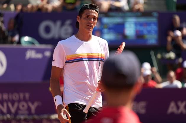 Federico Coria of Argentina reacts to a point lost to Joao Fonseca of Brazil during the second round match at the IEB+ Argentina Open 2025 at Buenos Aires Lawn Tennis Club February 13, 2025 in Buenos Aires, Argentina. (Photo by Camilla Stolen, Imago) Buenos Aires Argentina Copyright: xCamillaxStolenx L1070288