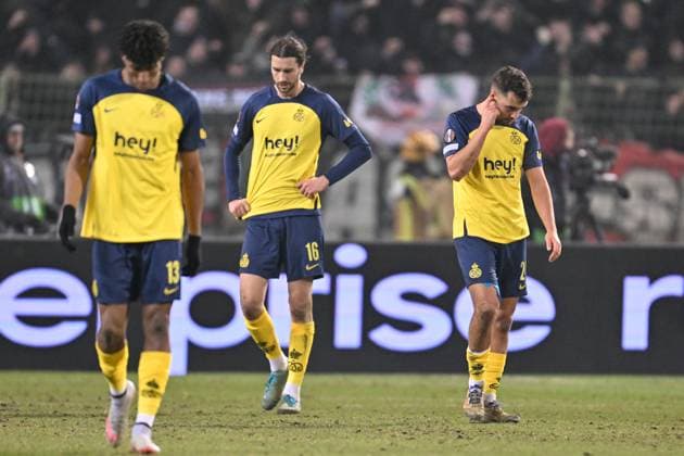 250213 Royale Union Saint-Gilloise vs Ajax Amsterdam Christian Burgess (16) of Union and Charles Vanhoutte (24) of Union pictured looking dejected and disappointed during the Knock out phase - game in the Uefa Europa League season 2024-2025 between Royale Union Saint-Gilloise and Ajax Amsterdam from The Netherlands on February 13 , 2025 in Brussel, Belgium. (Photo by David Catry Isosport) Brussel Belgium  Copyright: xDavidxCatryx 20250213DC1_4909