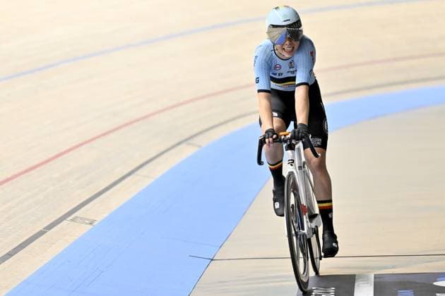 Radsport, Bahnrad-EM Zolder Belgian Helene Hesters celebrates her second place in the women s Elimination final at the 2025 UEC Track Elite European Championships, in Heusden-Zolder, Belgium, Thursday 13 February 2025. The European Championships take place from 12 to 16 February. DIRKxWAEM  x112383617x