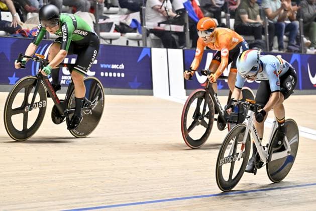 Radsport, Bahnrad-EM Zolder Irish Lara Gillespie, Dutch Lisa Van Belle and Belgian Helene Hesters pictured in action during the women s Elimination final at the 2025 UEC Track Elite European Championships, in Heusden-Zolder, Belgium, Thursday 13 February 2025. The European Championships take place from 12 to 16 February. DIRKxWAEM  x112383947x