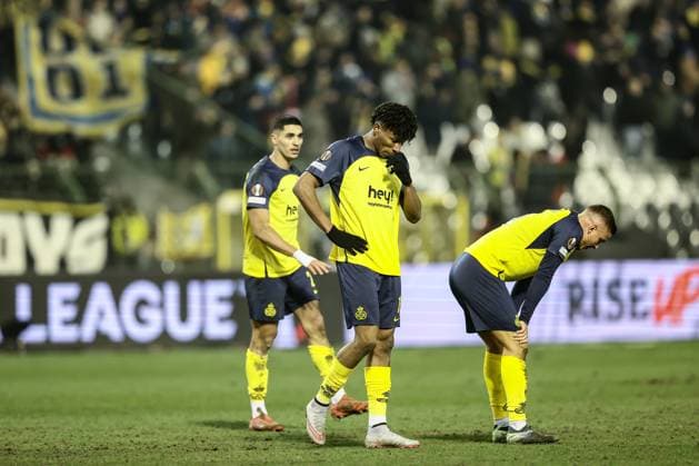Union s players look dejected after a soccer game between Belgian Royale Union Saint-Gilloise and Dutch AFC Ajax, on Thursday 13 February 2025 in Brussels, the first leg of the Knockout phase play-offs of the UEFA Europa League competition. BRUNOxFAHY  x112383949x