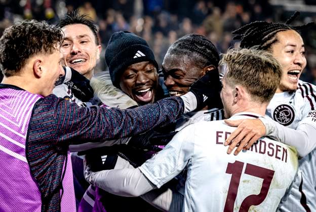 AFC Ajax Amsterdam defender Jorthy Mokio celebrating the goal during the match Union SG Ajax at the King Baudouin Stadium for the UEFA Europa League Knockout phase play offs 1st leg season 2024 2025 in BRUSSELS, Belgium on 13 february 2025, photo by Marcel van Dorst EYE4images DeFodi Images Defodi 746 215798 Defodi-746