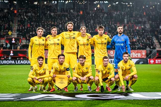 Bodo Glimt goalkeeper Nikita Haikin, Bodo Glimt defender Villads Nielsen, Bodo Glimt defender Jostein Gundersen, Bodo Glimt midfielder Patrick Berg, Bodo Glimt forwarder Kasper Hogh, Bodo Glimt forwarder Ole Didrik Blomberg, Bodo Glimt midfielder Ulrik Saltnes, Bodo Glimt defender Frederik Andre Bjorkan, Bodo Glimt midfielder Fredrik Sjovold, Bodo Glimt forwarder Jens Petter Hauge, Bodo Glimt midfielder Hakon Evjen, during the match Twente Bodo Glimt at the Grolsch Veste, FC Twente Stadion for the UEFA Europa League Knockout phase play offs 1st leg season 2024 2025 in ENSCHEDE, Netherlands on 13 februari 2025, photo by Stefan Koops EYE4images DeFodi Images Defodi 746 215801 Defodi-746