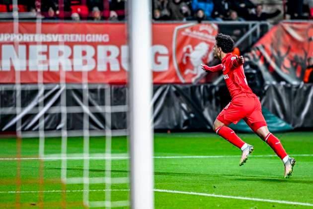 FC Twente forward Sayf Ltaief celebrating the goal 1 0, during the match Twente Bodo Glimt at the Grolsch Veste, FC Twente Stadion for the UEFA Europa League Knockout phase play offs 1st leg season 2024 2025 in ENSCHEDE, Netherlands on 13 februari 2025, photo by Stefan Koops EYE4images DeFodi Images Defodi 746 215802 Defodi-746