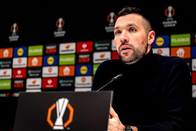 AFC Ajax Amsterdam trainer Francesco Farioli during te press conference, PK, Pressekonferenz after the match Union SG - Ajax at the King Baudouin Stadium for the UEFA Europa League - Knockout phase play-offs - 1st leg season 2024-2025 in BRUSSELS, Belgium on 13 february 2025, (photo by Marcel van Dorst EYE4images DeFodi Images) Defodi-746_215808 Defodi-746