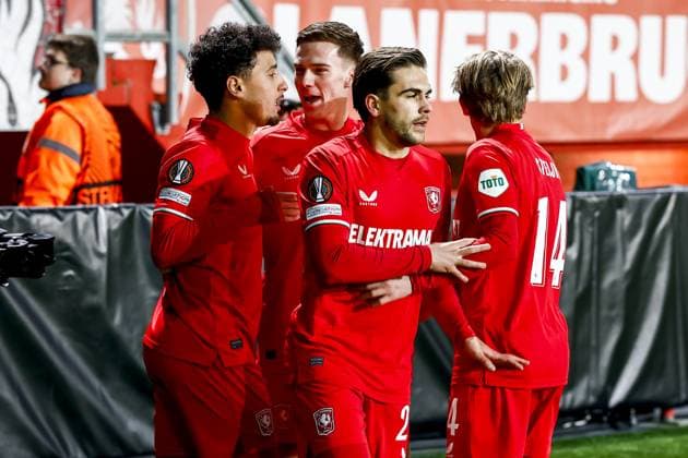 ENSCHEDE - Sayf Ltaief of FC Twente celebrates the 1-0 during the Europa League playoff match between FC Twente and Bodo Glimt at Stadion De Grolsch Veste on Feb. 13, 2025 in Enschede, Netherlands. ANP VINCENT JANNINK UEFA Europa League 2024 25 League Knockout Play-off First Leg 2024 25 xVIxANPxSportx xxANPxIVx 519906142 originalFilename: 519906142.jpg