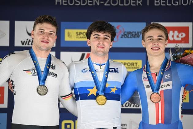 Radsport, Bahnrad-EM Zolder - Sprint Zeitfahren, Maximilian Dornbach holt Silber 13-02-2025 European Championships Elite Track; Giornata 02; 2025, Italia; 2025, Germnay; 2025, Repubblica Ceca; Bianchi, Matteo; Dornbach, Maximilian; Peterka, David; Zolder Velodromo; 