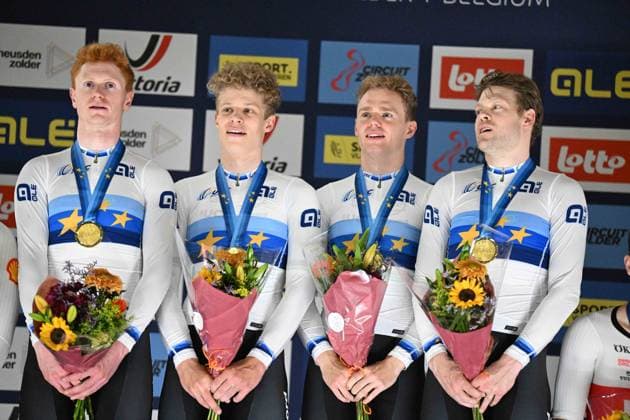 Radsport, Bahnrad-EM Zolder 13-02-2025 European Championships Elite Track; Giornata 02; 2025, Danimarca; Hansen, Aagaard Tobias; Larsen, Niklas; Leth Norman Lasse; Skivild, Juel Robin; Zolder Velodromo; 