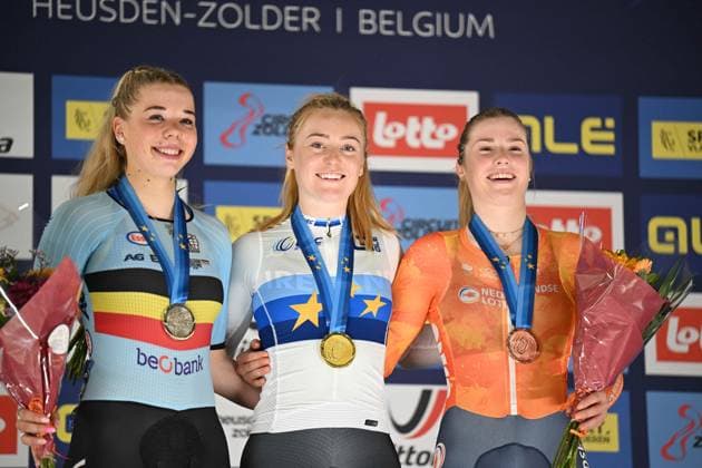 Sport Bilder des Tages 13-02-2025 European Championships Elite Women Track; Giornata 02; 2025, Irlanda; 2025, Belgium; 2025, Olanda; Gillespie, Lara; Hesters, Helene; Van Belle, Lisa; Zolder Velodromo; 