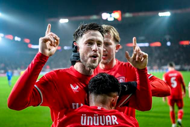 FC Twente forward Ricky van Wolfswinkel celebrating the goal 2 1, during the match Twente Bodo Glimt at the Grolsch Veste, FC Twente Stadion for the UEFA Europa League Knockout phase play offs 1st leg season 2024 2025 in ENSCHEDE, Netherlands on 13 februari 2025, photo by Stefan Koops EYE4images DeFodi Images Defodi 746 215878 Defodi-746