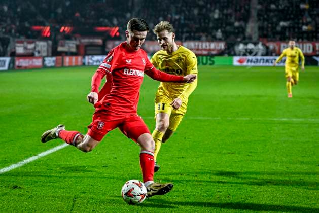FC Twente forward Daan Rots, during the match Twente Bodo Glimt at the Grolsch Veste, FC Twente Stadion for the UEFA Europa League Knockout phase play offs 1st leg season 2024 2025 in ENSCHEDE, Netherlands on 13 februari 2025, photo by Stefan Koops EYE4images DeFodi Images Defodi 746 215883 Defodi-746