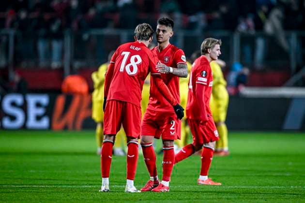 FC Twente midfielder Michel Vlap, FC Twente defender Mees Hilgers, during the match Twente Bodo Glimt at the Grolsch Veste, FC Twente Stadion for the UEFA Europa League Knockout phase play offs 1st leg season 2024 2025 in ENSCHEDE, Netherlands on 13 februari 2025, photo by Stefan Koops EYE4images DeFodi Images Defodi 746 215921 Defodi-746