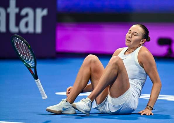 QATAR TOTALENERGIES OPEN - QUARTER-FINALS Amanda Anisimova of the United States reacts after winning her quarterfinals match against Marta Kostyuk of Ukrain during the WTA, Tennis Damen Qatar TotalEnergies Open 2025 tennis tournament at the Khalifa International Tennis Complex in Doha, Qatar, on February 13, 2025. DOHA Qatar Copyright: xNOUSHADx