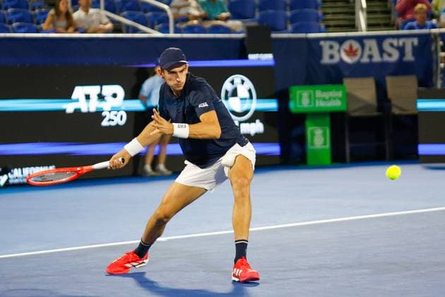 DELRAY BEACH, FL - FEBRUARY 13: Matteo Arnaldi (ITALY) in action at his Round 16 game against Learner Tien (USA) during the Delray Beach Open on Thursday February 13, 2025, at the Delray Beach Stadium & Tennis Center in Delray Beach, Florida.(Photo by Chris Arjoon Icon Sportswire) TENNIS: FEB 13 Delray Beach Open EDITORIAL USE ONLY Icon250213001051
