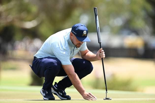 GOLF LIV ADELAIDE, Crushers GC Captain Bryson DeChambeau lines up a putt during the LIV Golf Adelaide at The Grange Golf Club in Adelaide, South Australia, Friday, February 14, 2025. ( NO ARCHIVING, EDITORIAL USE ONLY, NO USE IN BOOKS WITHOUT CONSENT ADELAIDE SOUTH AUSTRALIA AUSTRALIA  Copyright: xMICHAELxERREYx 20250214148571057702