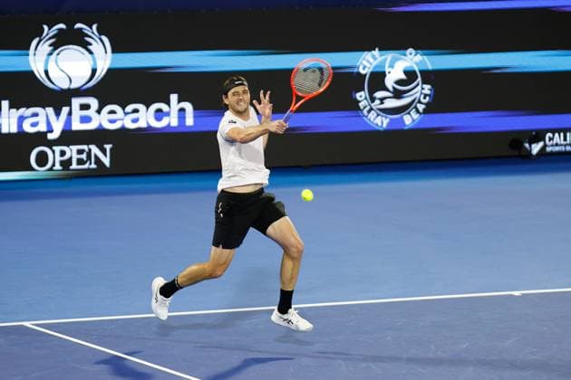 DELRAY BEACH, FL - FEBRUARY 13: Taylor Fritz (USA) in action for his R16 game against Yunchaokete Bu (CHN) at the Delray Beach Open on Thursday February 13, 2025, at the Delray Beach Stadium & Tennis Center in Delray Beach, Florida.(Photo by Chris Arjoon Icon Sportswire) TENNIS: FEB 13 Delray Beach Open EDITORIAL USE ONLY Icon250213001207