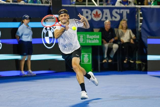 DELRAY BEACH, FL - FEBRUARY 13: Taylor Fritz (USA) in action for his R16 game against Yunchaokete Bu (CHN) at the Delray Beach Open on Thursday February 13, 2025, at the Delray Beach Stadium & Tennis Center in Delray Beach, Florida.(Photo by Chris Arjoon Icon Sportswire) TENNIS: FEB 13 Delray Beach Open EDITORIAL USE ONLY Icon250213001223