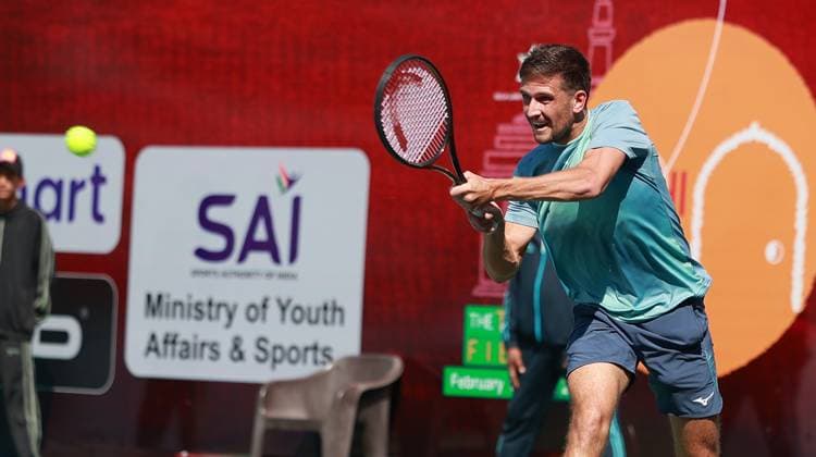 February 14, 2025, New Delhi, Delhi, India: Vit Kopriva of Czechia during Quarter Finals of ATP, Tennis Herren Challenger Delhi Open 2025 between Vit Kopriva of Czechia and Shintaro Mochizuki of Japan at DLTA Complex, R K Khanna Tennis Stadium, New Delhi, India on 14 February 2025 New Delhi India - ZUMAd207 20250214_zsp_d207_003 Copyright: xAvijitxDasx
