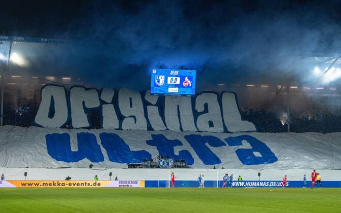 Soccer, Men, Season 2024 2025, 2 Bundesliga 22 Matchday , 1 FC Magdeburg 1 FC Köln, Fans of Magdeburg with choreography Original Ultra, 14 02 2025, Copyright: xSebastianxRäppold MatthiasxKochx