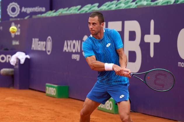 Laslo Djere of Serbia returns a backhand to Thiago Seyboth Wild of Brazil during the quarterfinals match at the IEB+ Argentina Open 2025 at Buenos Aires Lawn Tennis Club February 14, 2025 in Buenos Aires, Argentina. (Photo by Camilla Stolen, Imago) Buenos Aires Argentina Copyright: xCamillaxStolenx L1100011