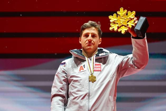 ALPINE SKIING - FIS Ski WC Saalbach 2025 SAALBACH,AUSTRIA,14.FEB.25 - ALPINE SKIING - FIS Alpine World Ski Championships Saalbach 2025, giant slalom, men, medal plaza, award ceremony. Image shows Raphael Haaser (AUT).  GEPAxpictures xThomasxBachun