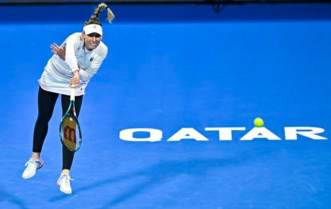 QATAR TOTALENERGIES OPEN - SEMI-FINAL Ekaterina Alexandrova competes in her semi-final match against Ekaterina Alexandrova during the WTA, Tennis Damen Qatar TotalEnergies Open 2025 tennis tournament at the Khalifa International Tennis Complex in Doha, Qatar, on February 14, 2025. DOHA Qatar Copyright: xx