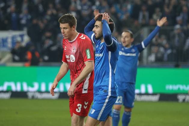 14 02 2025, xgox, Soccer 2 Bundesliga, 1 FC Magdeburg 1 FC Koeln emspor, v l Livian Burcu Magdeburg, 29 after offside goal disappointed, disappointed, looks disappointed, disappointed DFL DFB REGULATIONS PROHIBIT ANY USE OF PHOTOGRAPHS as IMAGE SEQUENCES and or QUASI VIDEO Magdeburg
