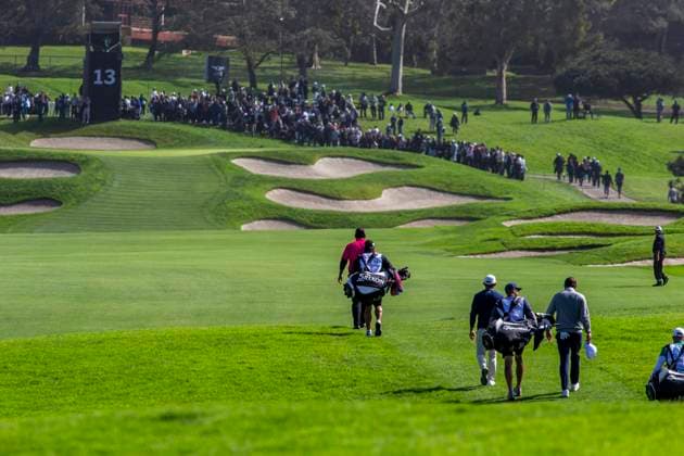 LA JOLLA, CA, CA - FEBRUARY 14: Hideki Matsuyama walks ahead of Collin Morikawa and Scottie Scheffler up the 13th fairway during the second round of the Genesis Invitational tournament, Friday, February 14, 2025, at Torrey Pines Golf Course in La Jolla, California. (Photo by Tony Ding Icon Sportswire) GOLF: FEB 14 PGA, Golf Herren The Genesis Invitational EDITORIAL USE ONLY Icon46520250214001