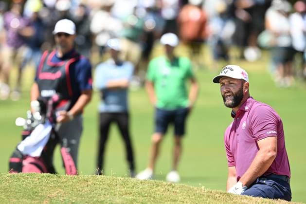 GOLF LIV ADELAIDE, Legion XIII Captain Jon Rahm reacts after a bunker shot during the LIV Golf Adelaide at The Grange Golf Club in Adelaide, Saturday, February 15, 2025. ( NO ARCHIVING, EDITORIAL USE ONLY, NO USE IN BOOKS WITHOUT CONSENT ADELAIDE SA AUSTRALIA  Copyright: xMICHAELxERREYx 20250215176437844609