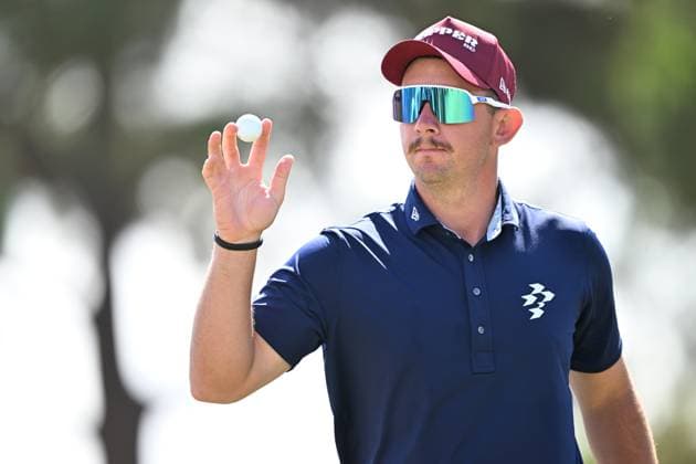 GOLF LIV ADELAIDE, Lucas Herbert of Ripper GC reacts after putting on the 18th hole during the LIV Golf Adelaide at The Grange Golf Club in Adelaide, Saturday, February 15, 2025. ( NO ARCHIVING, EDITORIAL USE ONLY, NO USE IN BOOKS WITHOUT CONSENT ADELAIDE SA AUSTRALIA  Copyright: xMICHAELxERREYx 20250215159989440380