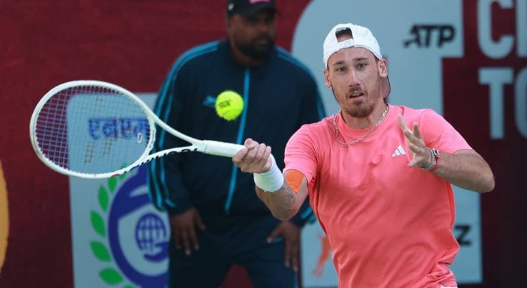 February 14, 2025, New Delhi, Delhi, India: Kyrian Jacquet of France during Quarter Finals of ATP, Tennis Herren Challenger Delhi Open 2025 between Kyrian Jacquet of France and Michael Geerts of Belgium at DLTA Complex, R K Khanna Tennis Stadium, New Delhi, India on 14 February 2025 New Delhi India - ZUMAd207 20250214_zsp_d207_117 Copyright: xAvijitxDasx