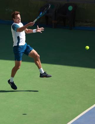 February 14, 2025, New Delhi, Delhi, India: Michael Geerts of Belgium during Quarter Finals of ATP, Tennis Herren Challenger Delhi Open 2025 between Kyrian Jacquet of France and Michael Geerts of Belgium at DLTA Complex, R K Khanna Tennis Stadium, New Delhi, India on 14 February 2025 New Delhi India - ZUMAd207 20250214_zsp_d207_141 Copyright: xAvijitxDasx