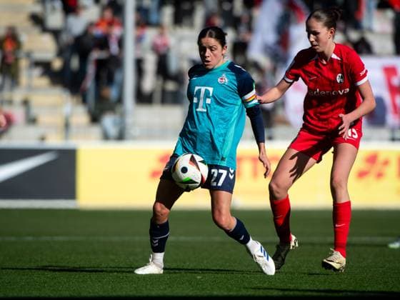 Laura Feiersinger FC Koeln, 27 in duel with Maj Schneider SC Freiburg, 15 , GER, SC Freiburg vs 1 FC Koeln, Football Google Pixel Frauen Bundesliga, 15 Spieltag, Saison 2024 2025, 15 02 2025 DFB regulations prohibit any use of photographs as image sequences and or quasi video GER, SC Freiburg vs 1 FC Koeln, Football Google Pixel Frauen Bundesliga, 15 Spieltag, Saison 2024 2025, 15 02 2025 Freiburg Copyright: xEibner-Pressefoto Memmlerx EP_MMR