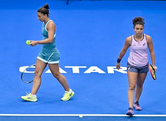 WTA, Tennis Damen QATAR OPEN TENNIS TOURNAMENT DOUBLES FINAL Sara Errani Jasmine Paolini of Italy react during the doubles final againsXinyu Jiang of China Fang-Hsien Wu of Chinese Taipei at the WTA Qatar TotalEnergies Open 2025 tennis tournament at the Khalifa International Tennis Complex in Doha, Qatar, on February 15, 2025. DOHA Qatar Copyright: xNOUSHADx
