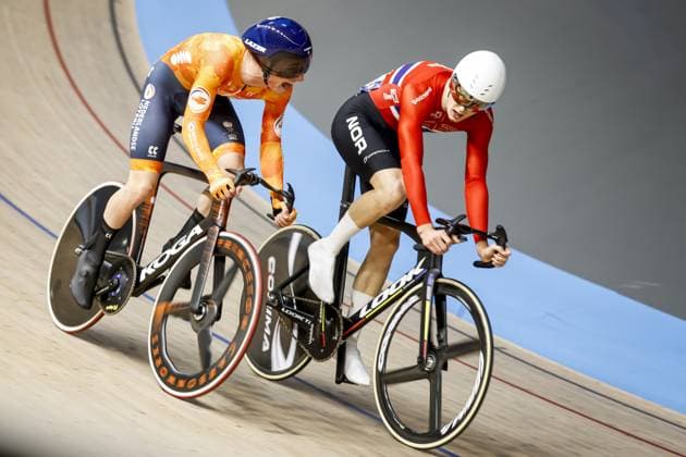 HEUSDEN-ZOLDER - Track cyclists Philip Heijnen and Karsten Larsen Feldmann (Norway) in action on the omnium tempo race during the fourth day of the European Track cycling, Rad, Radsport, Bahnrad, Bahn championships in Belgium. ANP BAS CZERWINSKI xVIxANPxSportx xxANPxIVx 520034627 originalFilename: 520034627.jpg