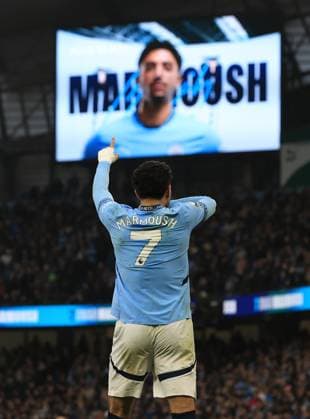 Sport Themen der Woche KW07 Sport Bilder des Tages 15th February 2025; Etihad Stadium, Manchester, England; Premier League Football, Manchester City versus Newcastle United; Omar Marmoush of Manchester City celebrates after completing his hat trick by scoring for 3-0 after 33 minutes  ActionPlus12750882 DavidxBlunsden