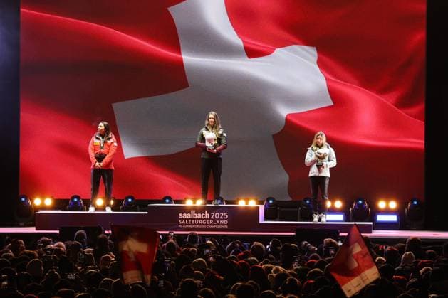 Alpine skiing, World Championships Saalbach, womens slalom, award ceremony