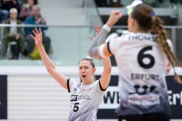 1 Volleyball Bundesliga Women Schwarz Weiss Erfurt vs VC Wiesbaden Erfurt 15 02 2025 Jubel, Isabella Noble 5 Schwarz Weiss Erfurt 1 Volleyball Bundesliga Women Schwarz Weiss Erfurt vs VC Wiesbaden Riethsporthalle Erfurt 15 02 2025 Copyright: xBEAUTIFULxSPORTS Duehringx