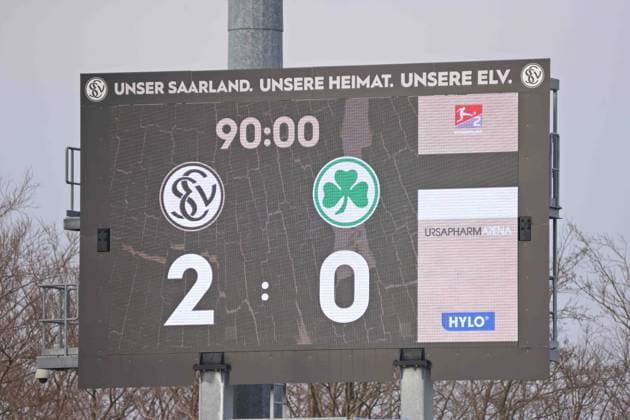 15 02 2025, Soccer, Men, 2 Bundesliga, Season 2024 2025, SV 07 Elversberg SpVgg Greuther Fürth, Final score, Final result, Scoreboard Elversberg Ursapharm Arena an der Kaiserlinde Saarland Germany EN Copyright: xSebastianxBachx