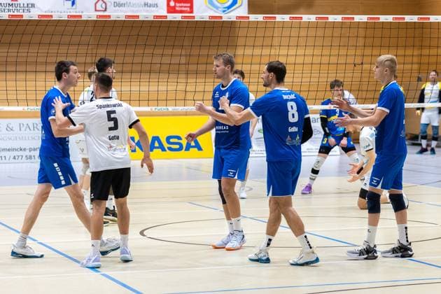 Team, squad, cheers, jubilation, positive emotions, positive emotion, SV Schwaig Volleyball Blue Volleys Gotha, Volleyball, 2 Bundesliga Sued, , 15 02 2025 SV Schwaig Volleyball Blue Volleys Gotha, Volleyball, 2 Bundesliga Sued, , 15 02 2025 Schwaig Copyright: xEibner-Pressefoto G.xSantemizx EP_GSZ