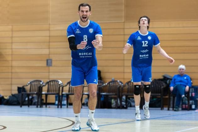 Dominik Duchac Blue Volleys Gotha, 08 , cheers, jubilation, positive emotions, positive emotion, SV Schwaig Volleyball Blue Volleys Gotha, Volleyball, 2 Bundesliga Sued, , 15 02 2025 SV Schwaig Volleyball Blue Volleys Gotha, Volleyball, 2 Bundesliga Sued, , 15 02 2025 Schwaig Copyright: xEibner-Pressefoto G.xSantemizx EP_GSZ