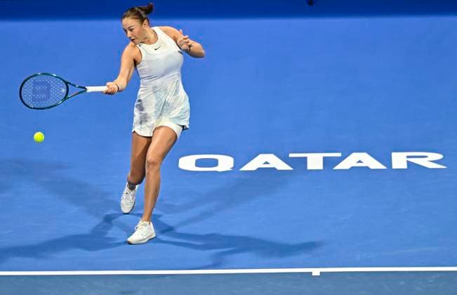 QATAR TOTALENERGIES OPEN - FINAL Amanda Anisimova of the United States competes in her final match against Jelena Ostapenko of Latvia during the WTA, Tennis Damen Qatar TotalEnergies Open 2025 tennis tournament at the Khalifa International Tennis Complex in Doha, Qatar, on February 15, 2025. DOHA Qatar Copyright: xx